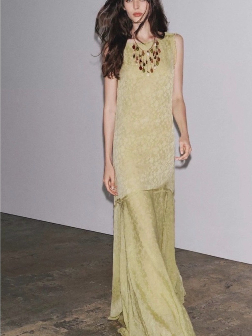 Zara Sleeveless Lace Maxi Dress in Light Olive fall staple